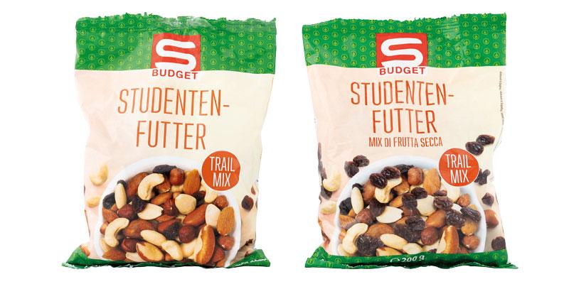 Alte und neue Verpackung des S-Budget Studentenfutters