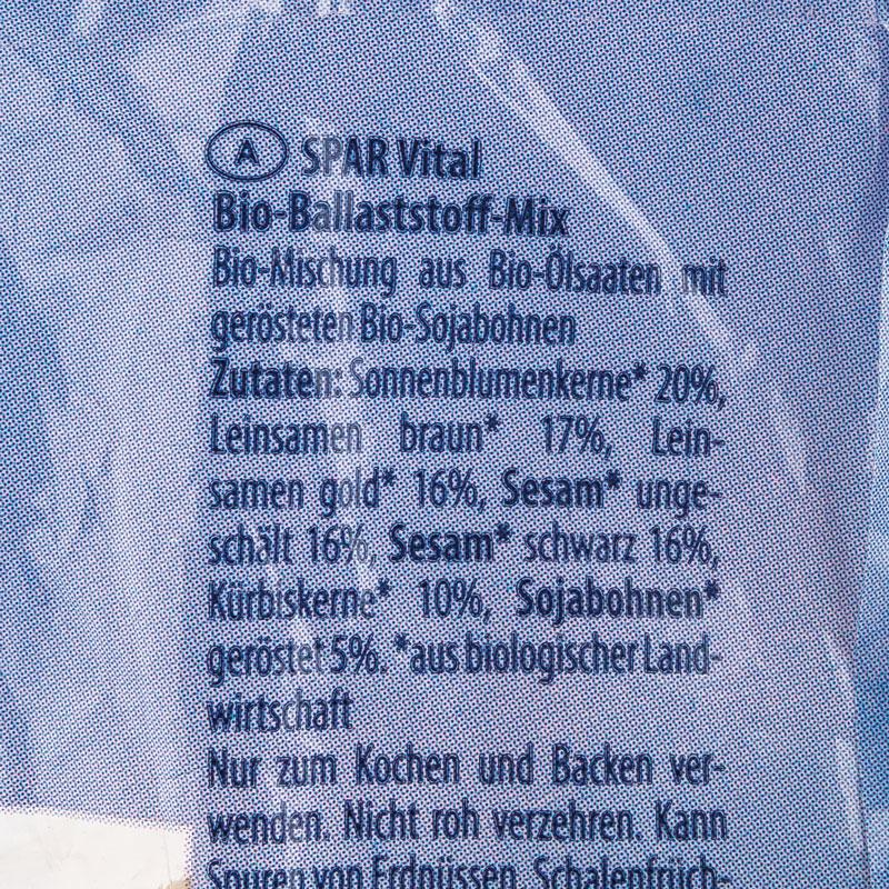 Zutatenliste und Warnhinweis auf dem Ballaststoffmix