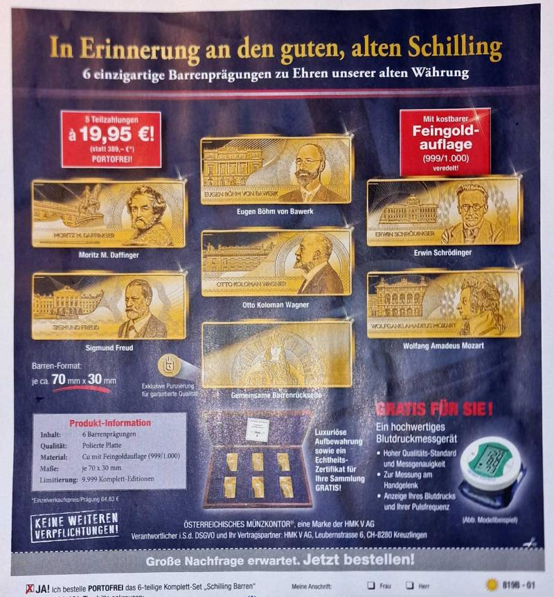 Bild zeigt Werbung des Münzkontors mit 6 Motiven von Schilling-Banknoten