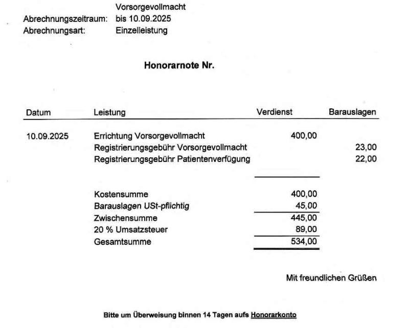 Honorarnote einer Anwältin für eine Vorsorgevollmacht