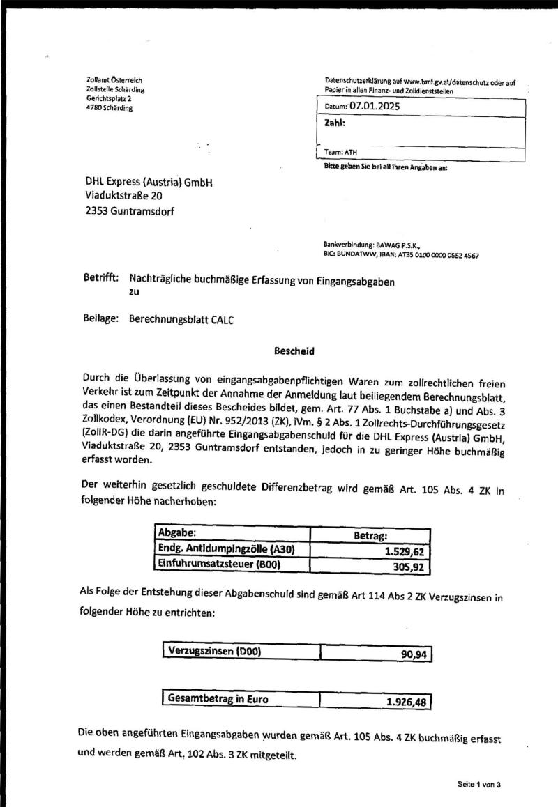 Bescheid für die Zoll-Nachforderung zum Rennrad 