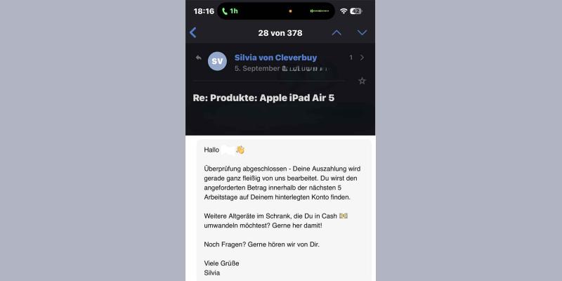 Freundliche Chatnachricht von Cleverbuy an den Kunden