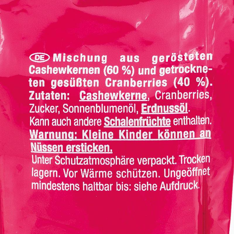 Zutatenliste "Lorenz Studentenfutter Cashew-Cranberry": Nun wieder mit 60 Prozent Cashews