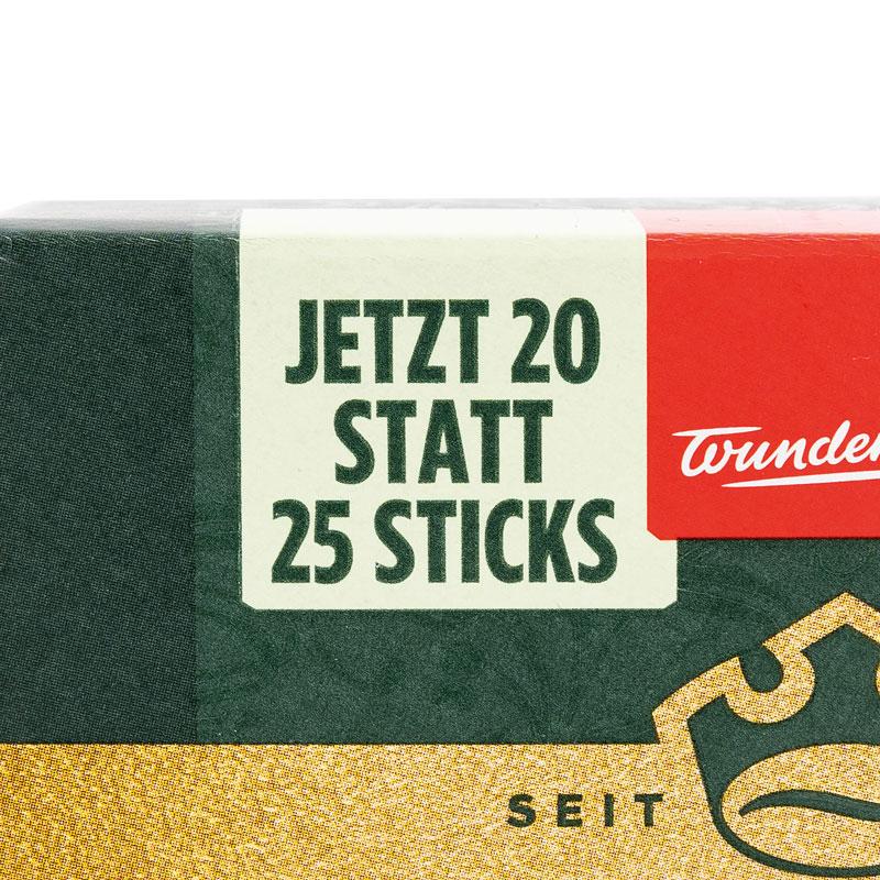 Auf der Verpackung gibt es einen klaren Hinweis: Jetzt 20 statt 25 Sticks