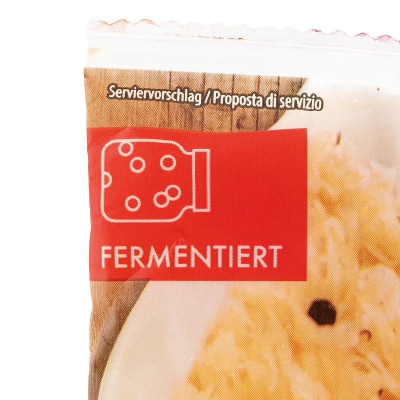 So wirbt Efko mit der Fermentation: Ein prominenter, roter Kasten mit einem Logo und dem Schriftzug "Fermentiert"