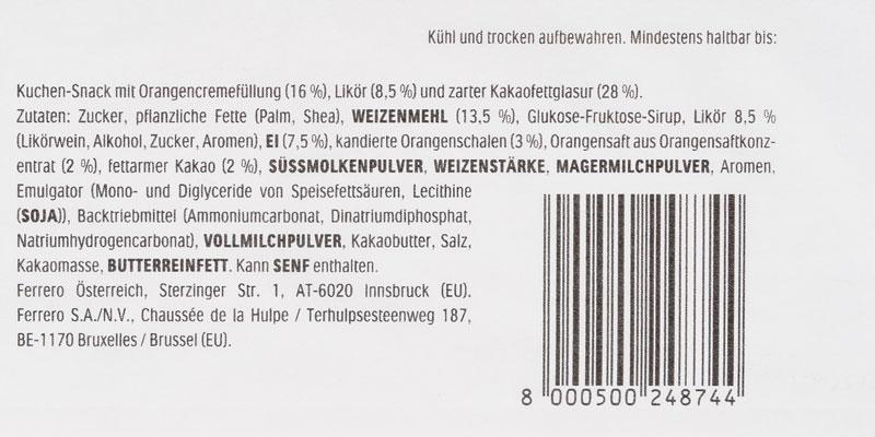 In der Zutatenliste ist an zweiter Stelle Likor (8,5 % ) angeführt. Ansonsten findet sich auf der Verpackung kein Hinweis. 