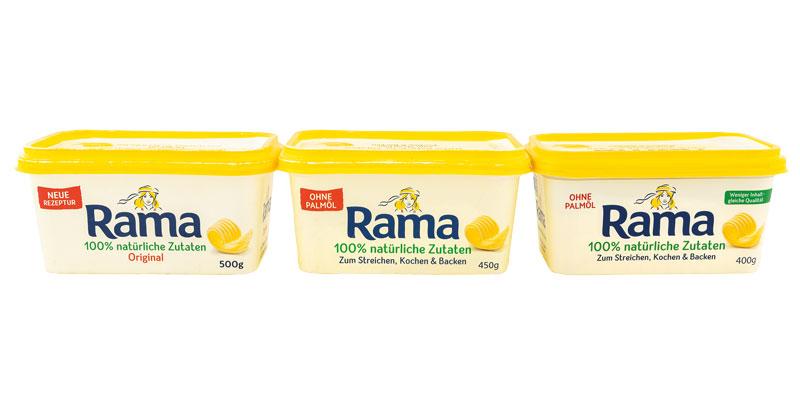 Die drei unterschiedlichen Rama Original Füllmengen in ihren jeweiligne Verpackungen nebeneinander. Die Verpackungsgröße hat sich nicht geändert. 