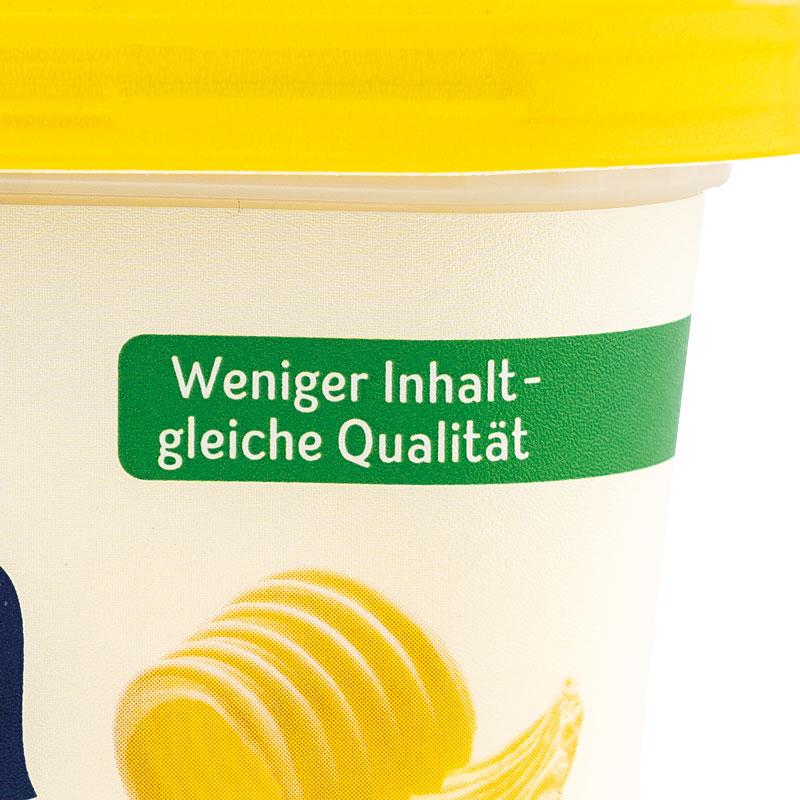Die Auslobung auf der Verpackung im Wortlaut: Weniger Inhalt - gleiche Qualität