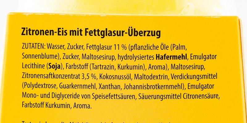 Die Zutatenauflistung: Auffallend viel Fettglasur (11%) sowie auch der kritisierte Farbstoff Tartrazin