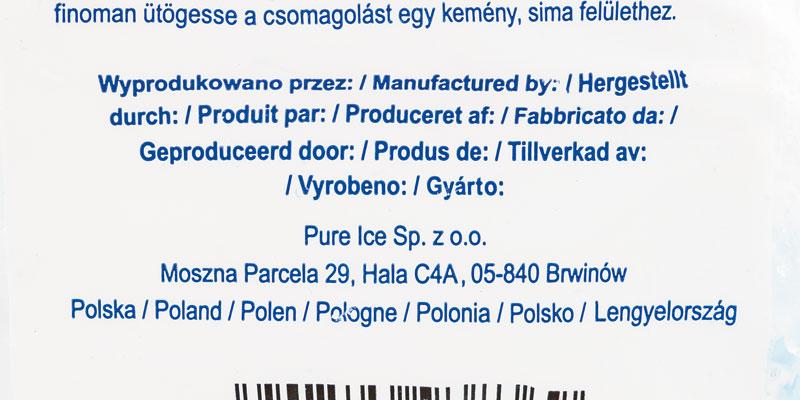 Herkunftsnachweis auf der Pure Ice Verpackung: Die Eiswürfel kommen aus Polen. 