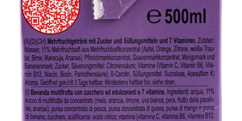Die Zutaten: Auffallend: 11 % Mehrfruchtsaftkonzentrat und zusätzlich noch Süßungsmittel