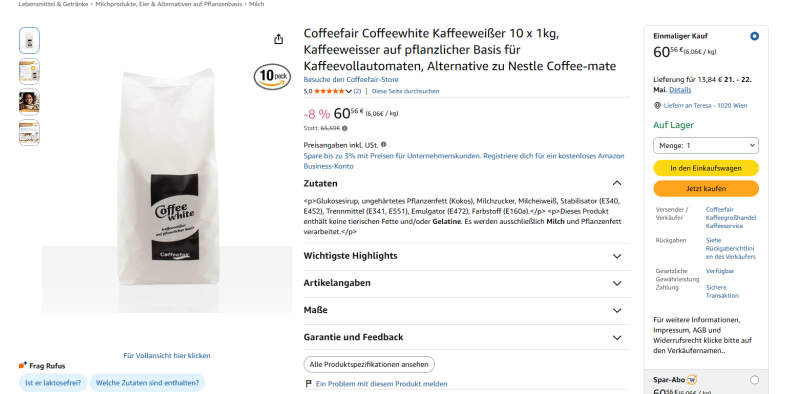Amazon-Produktseite des Coffeefair-Kaffeeweißers im Zehnerpack, 10 mal 1 Kilogramm, Preis 60,56 Euro, also 6,06 Euro je Kilogramm. Der geöffnete Bereich „Zutaten“ nennt Milchzucker und Milcheiweiß.