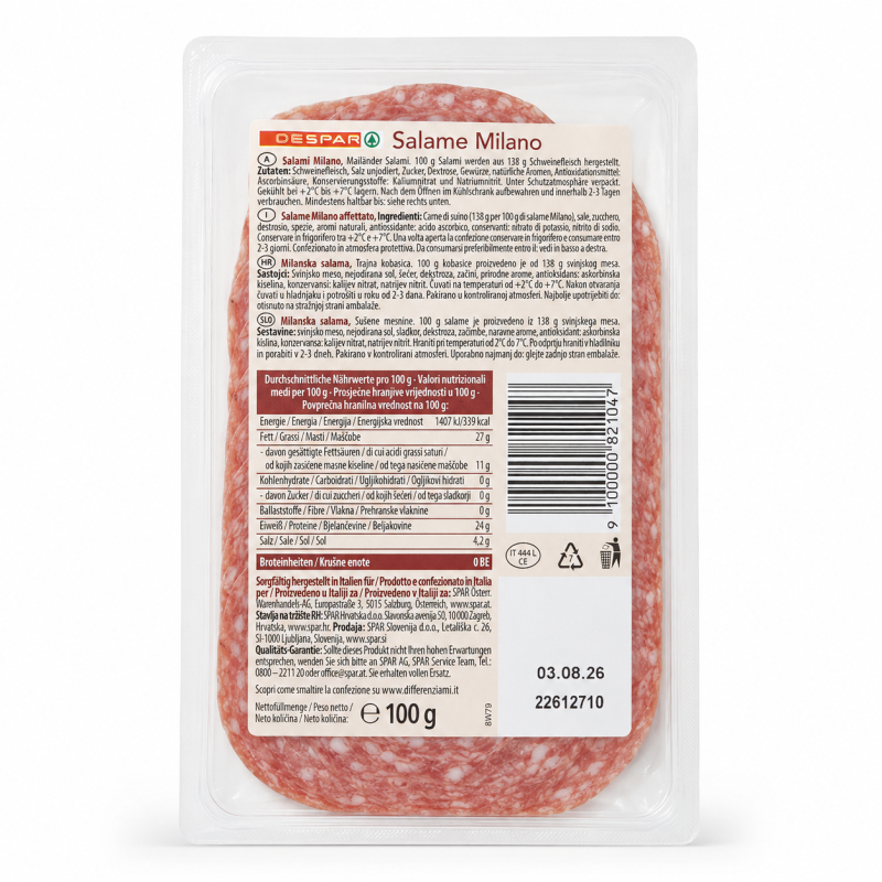 Rückseite der Verpackung von Despar „Salame Milano" mit Zutatenliste und Nährwerttabelle. Als Konservierungsstoffe sind Kaliumnitrat und Natriumnitrit angegeben.