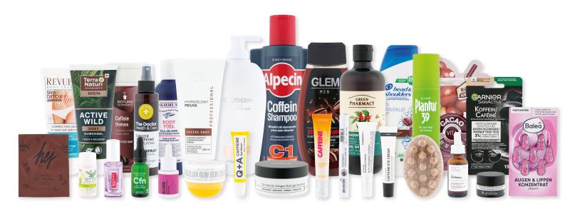 Gruppenbild von 30 Kaffee-Naturkosmetikprodukten 