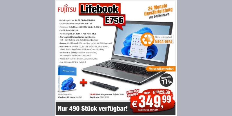 Screenshot zeigt die Werbung von Pearl für das Fujitsu-Notebook: "Generalüberholt - Mega Deal"