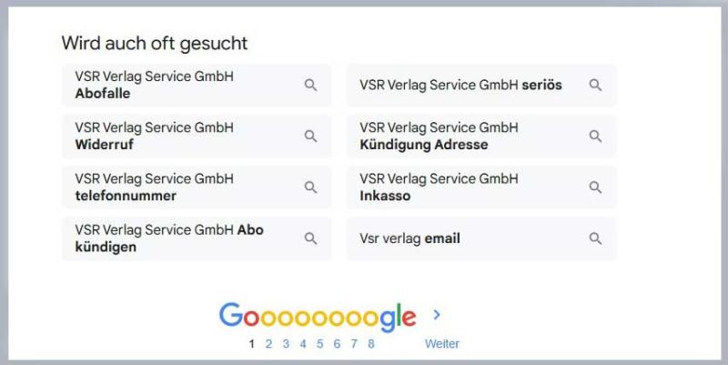 Screenshot zeigt Google-Trefferliste mit häufigen Suchabfragen und Suchvorschlägen, z.B. VSR Abofalle