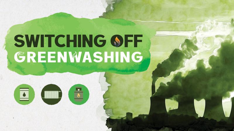 Rauchende Schlote grün angemalt, Slogan Switching off Greenwashing