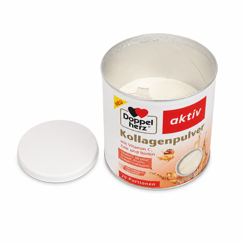Geöffnete weiße Dose „Doppelherz aktiv" Kollagenpulver, der Deckel liegt daneben, im Inneren ist das hellbeige Pulver sichtbar. Die Dose ist etwa zur Hälfte gefüllt. 