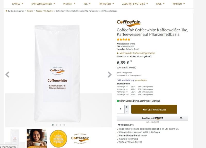 Screenshot der Shopseite von Coffeefair zu „Coffeefair Coffeewhite Kaffeeweißer, Kaffeeweisser auf Pflanzenfettbasis", eingeordnet unter „Instant / Topping / Milchpulver", Preis 6,39 Euro pro Kilogramm.