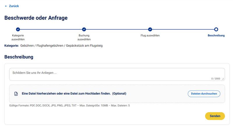 Screenshot des letzten Schrittes in der Ryanair Beschwerdemaske wo man Dateien hochladen kann