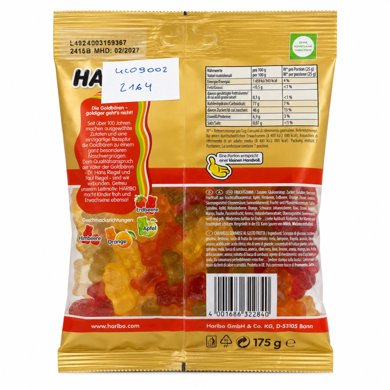Rückseite der Packung „Haribo Goldbären", 175 Gramm, mit Nährwerttabelle, Zutatenliste und dem Hinweis „Ohne künstliche Farbstoffe". 100 Gramm enthalten laut Tabelle 46 Gramm Zucker.