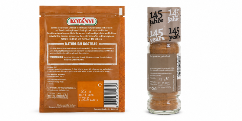 „Kotányi" Zimt gemahlen, Rückseiten beider Verpackungen: links der Beutel mit 25 Gramm Füllgewicht, Zutat Zimt und Spurenhinweis auf glutenhaltiges Getreide, Ei, Soja, Sellerie, Sesam, Milch und Senf, rechts die Streudose mit 45 Gramm.
