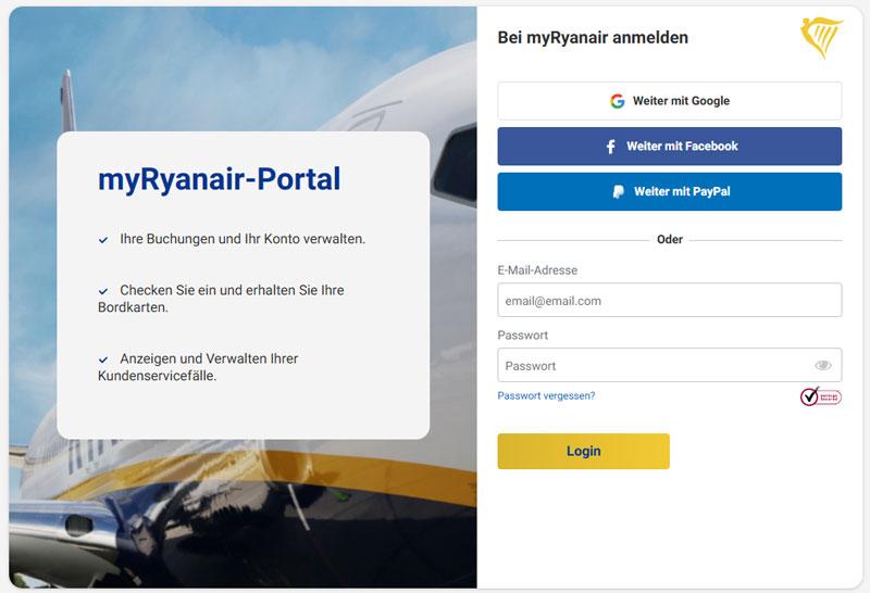 Screenshot der Login Seite zum myRyanair-Portal