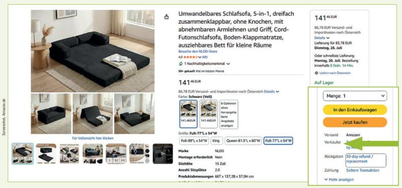 Externe Verkäufer auf Amazon sind oft schwer zu erkennen. Der Hinweis "Verkäufer" ist sehr klein 