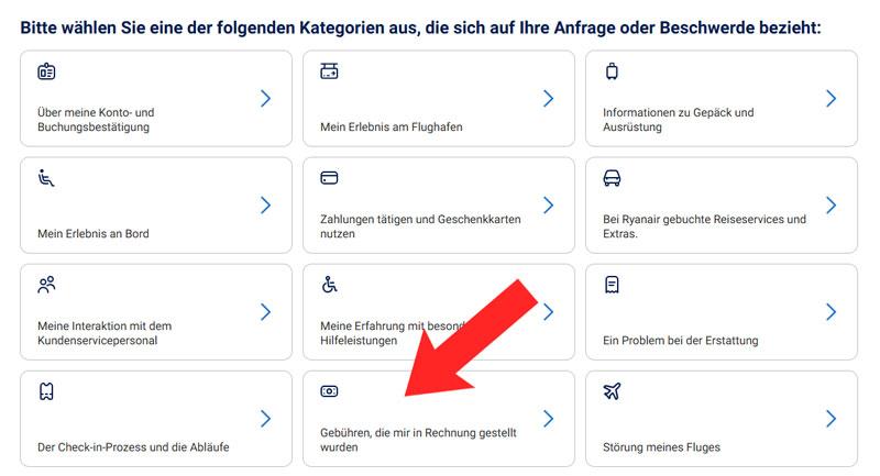 Screenshot der 12 Schaltflächen zu Beschwerdekategorien bei Ryanair mit Icons und Text