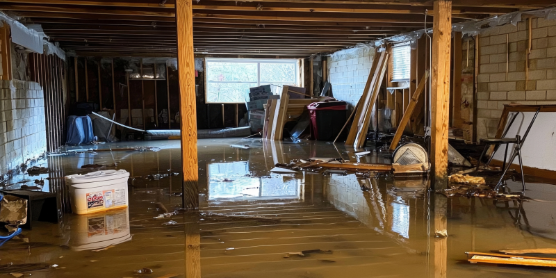 Ein Kellerraum ist nach einer Überschwemmung stark beschädigt. Große Mengen stehenden, schlammigen Wassers bedecken den Boden und spiegeln die Holzstützen sowie die Decke wider. Im Raum befinden sich verschiedene gelagerte Gegenstände, Möbelteile, Werkzeuge und Behälter, die teilweise vom Wasser umgeben sind. Die Wände bestehen aus Mauerwerk, an einigen Stellen sind Feuchtigkeitsspuren sichtbar. Durch ein kleines Fenster fällt Tageslicht ein.