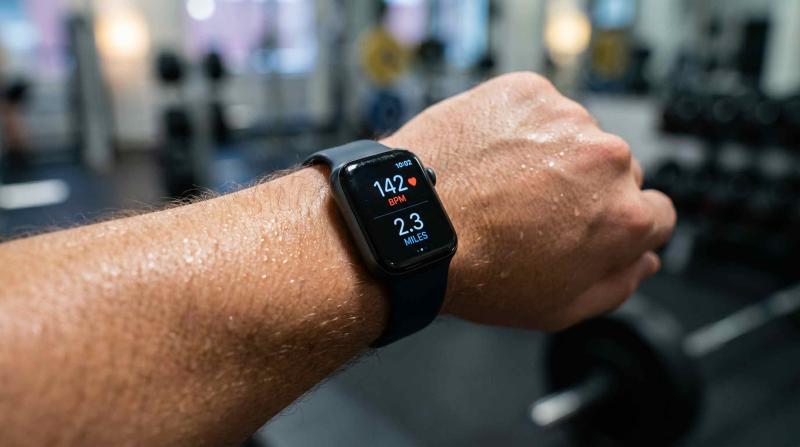 Nahaufnahme einer Smartwatch am Handgelenk während des Trainings; das Display zeigt eine Herzfrequenz von 142 BPM und eine zurückgelegte Strecke von 2,3 Meilen.