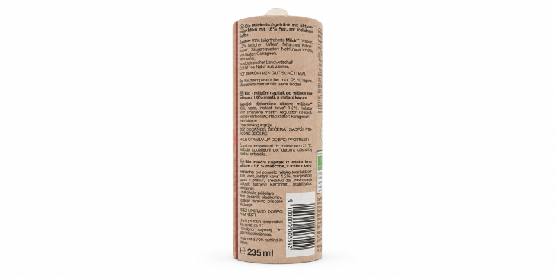 Rückseite einer 235-ml-Packung SPAR Natur*pur Bio-Espresso mit Zutatenliste, Produktinformationen in mehreren Sprachen und Barcode.