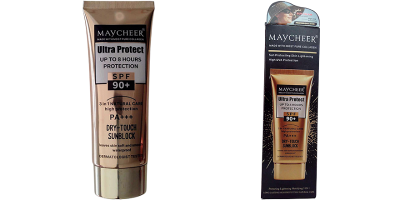 Das Bild zeigt ein Sonnenschutzprodukt der Marke MAYCHEER. Links ist eine beige-goldene Tube mit der Aufschrift „Ultra Protect SPF 90+“ abgebildet, rechts die dazugehörige Produktverpackung. Auf der Tube sind Angaben wie „PA+++“, „Dry Touch“ und „Sunblock“ zu erkennen. Die Verpackung präsentiert dieselben Produktinformationen sowie ein Anwendungsbild im oberen Bereich.