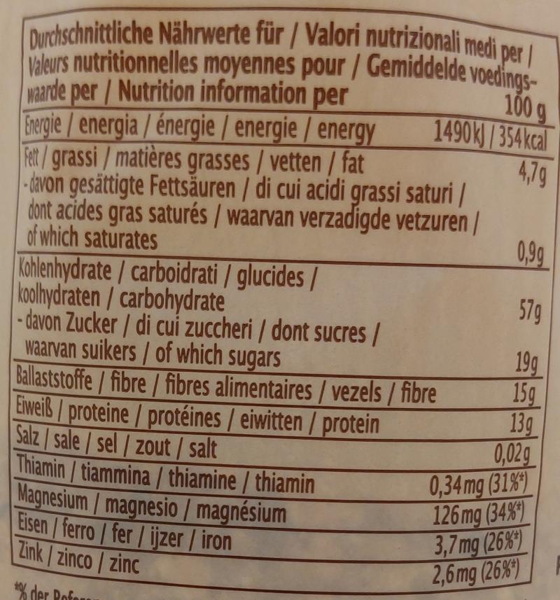 Nahaufnahme der Nährwerttabelle des Beeren Porridge. Pro 100 Gramm enthält das Produkt 354 Kilokalorien, 4,7 Gramm Fett, 57 Gramm Kohlenhydrate, 19 Gramm Zucker, 15 Gramm Ballaststoffe, 13 Gramm Eiweiß und 0,02 Gramm Salz sowie Thiamin, Magnesium, Eisen und Zink.