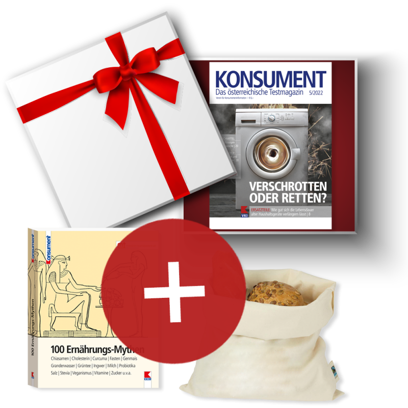 Die Mai-Ausgabe unseres KONSUMENT-Hefts in einem Geschenk-Paket, inklusive dem Buch "100 Ernährungs-Mythen" und einen Brotsackerl..
