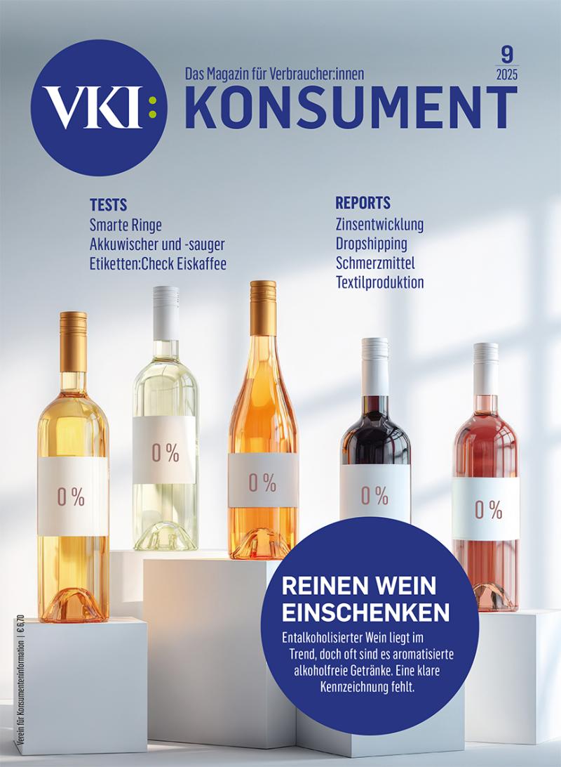 Titelseite von KONSUMENT 9/2025 zeigt alkoholfreien Wein