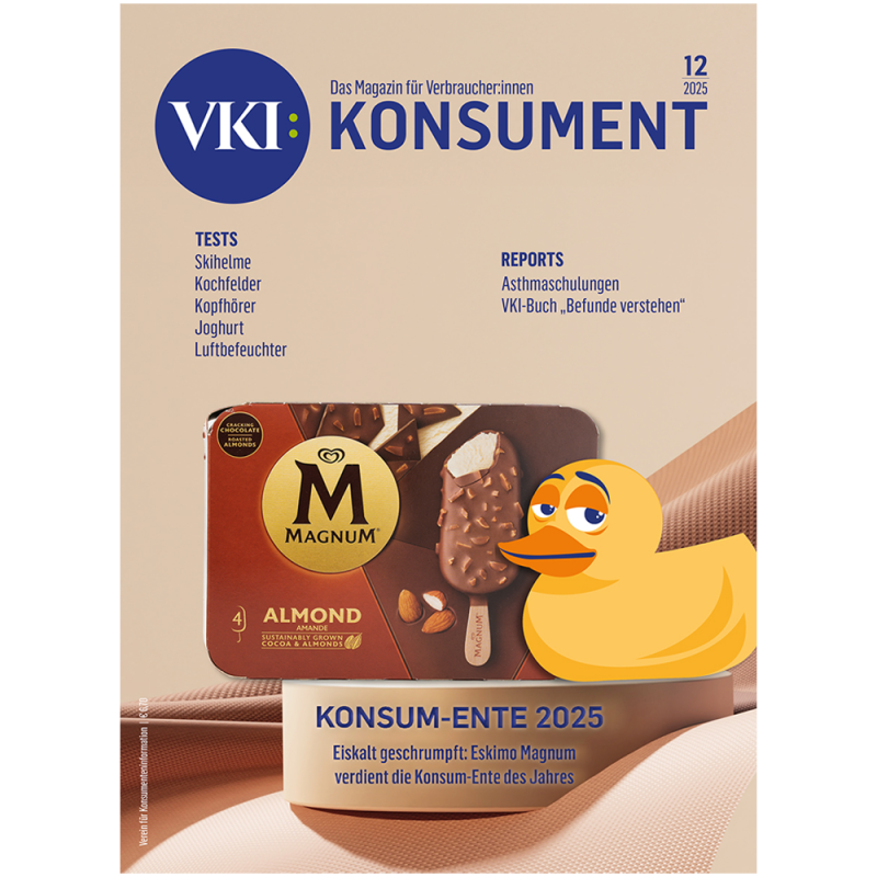 Der Cover von KONSUMENT 12/2025 zeigt das Eskimo-Magnum-Mandel. Es geht um Shrinkflation