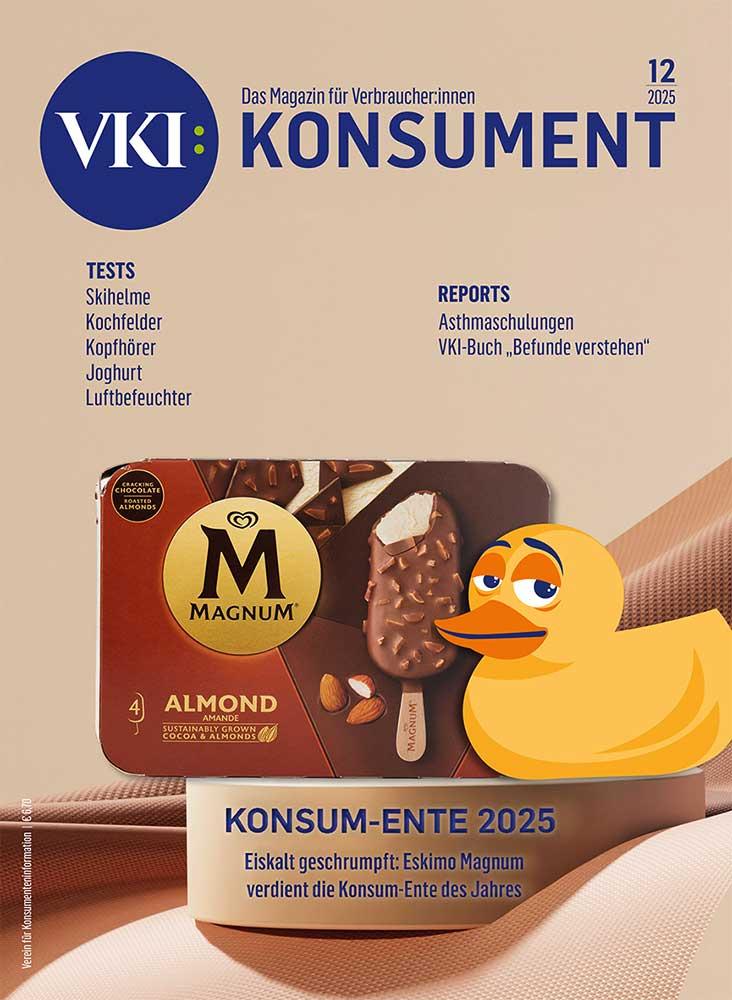 Der Cover von KONSUMENT 12/2025 zeigt das Eskimo-Magnum-Mandel. Es geht um Shrinkflation