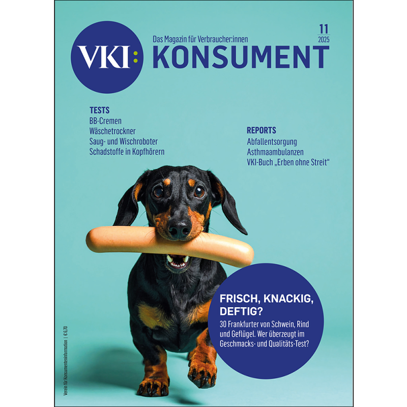 Das Coverbild von Konsument 11-2025 zeigt einen Dackel mit einer Frankfurter im Maul